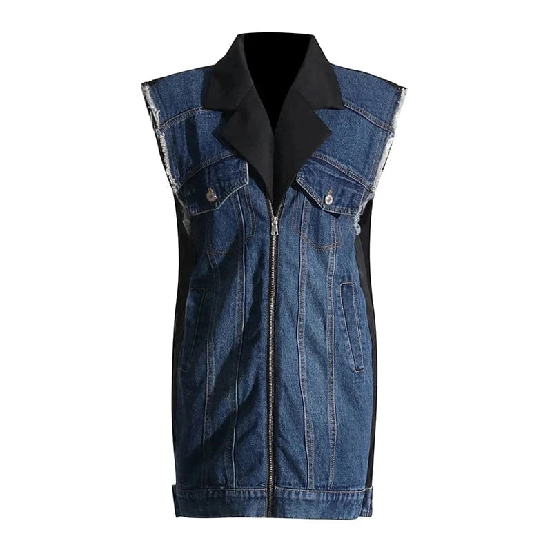 free / Blue CHICEVER Winter Sleeveless Patchwork Button Denim Material Jackets For Women 2023