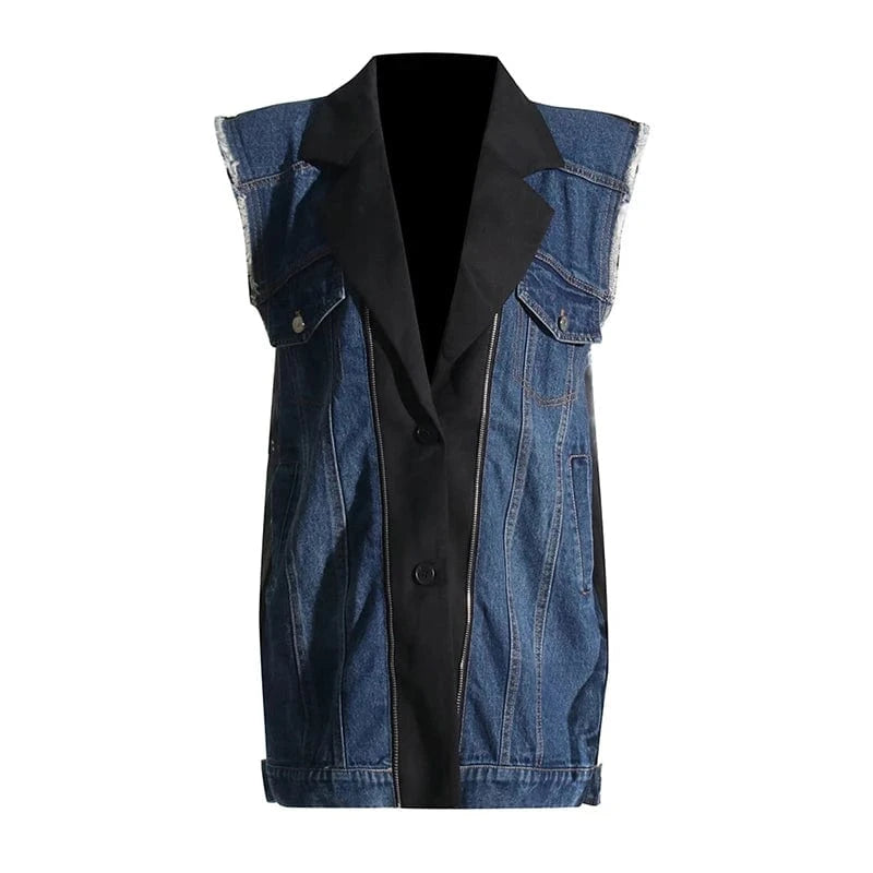free / Blue CHICEVER Winter Sleeveless Patchwork Button Denim Material Jackets For Women 2023