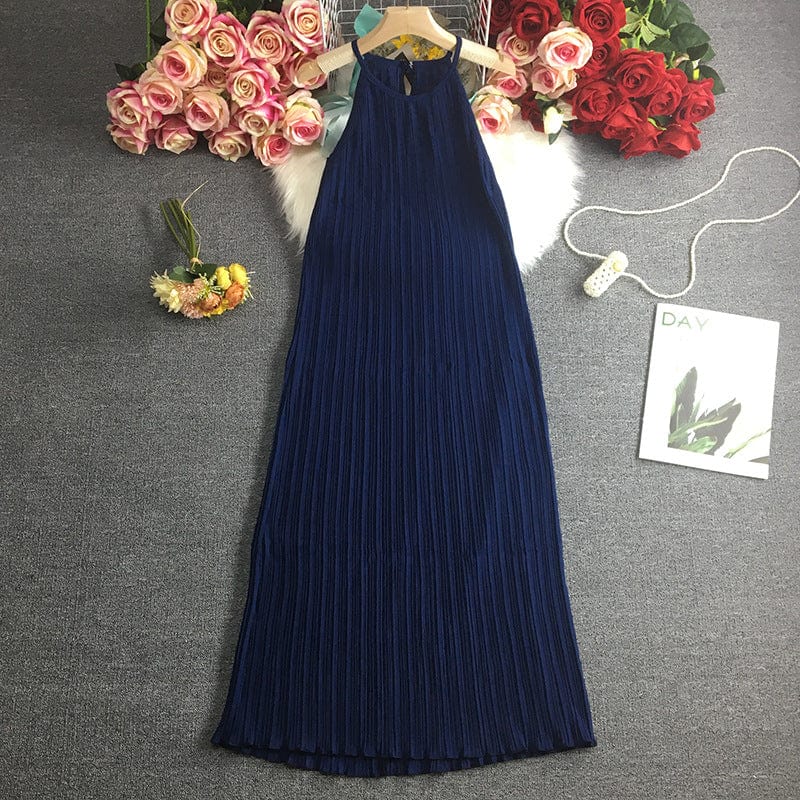 Free / Blue Coldker Holiday Beach Sleeveless Halter Dress Multicolor Pleated Design High Waist A Line Vestido Sexy O Neck Pullover Ropa