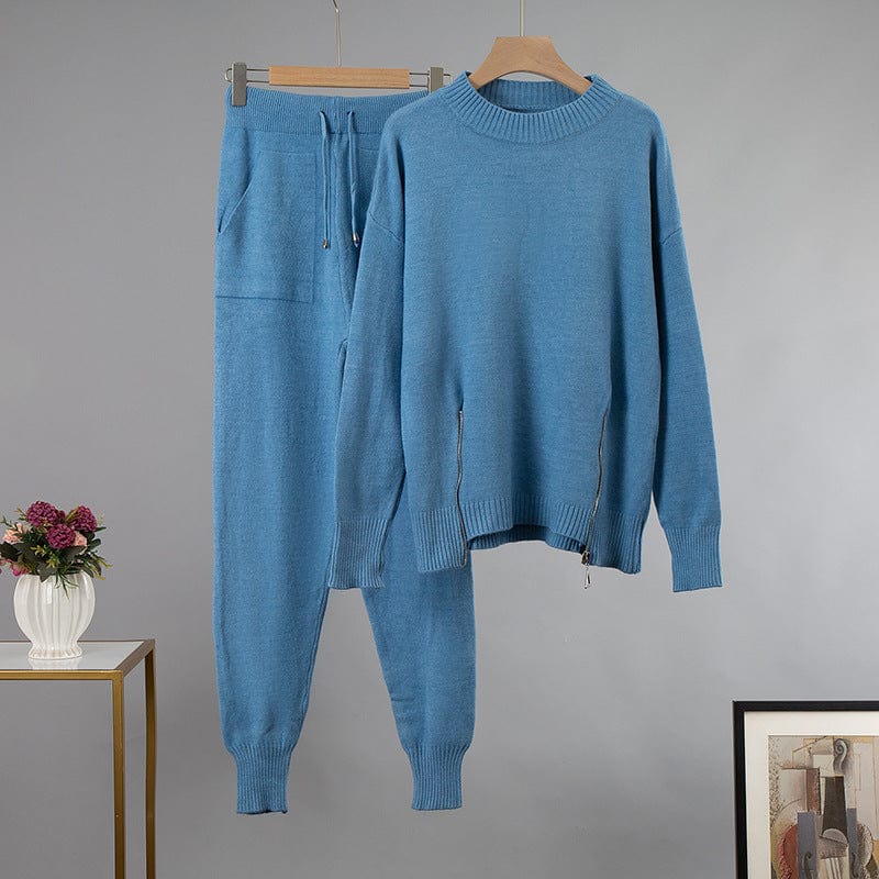 Free / Blue Elegant Cashmere Knitted Sets Women Winter Warm Basil Two Pieces Loose Sweater and Harem Pants Female Tracksuit