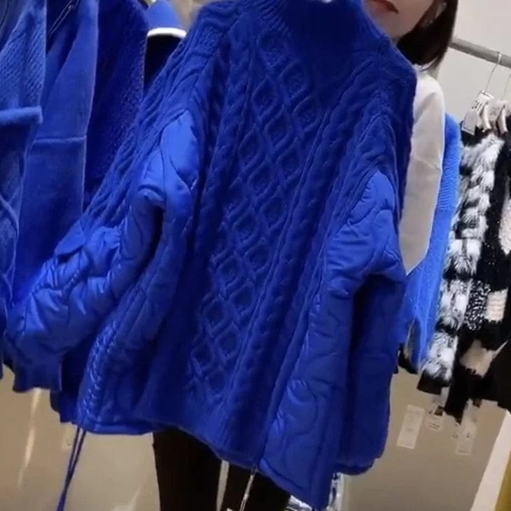 Free / Blue Fall winter fashion ladies patchwork knitted top casual side drawstring high neck pullover sweater women