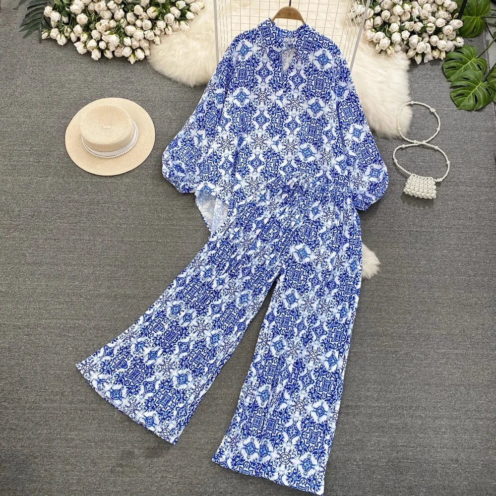 Free / Blue Fashion Suit Retro Loose Irregular Single-Breasted Printed Shirt High-Waisted Wide-Leg Pants Two Piece Set
