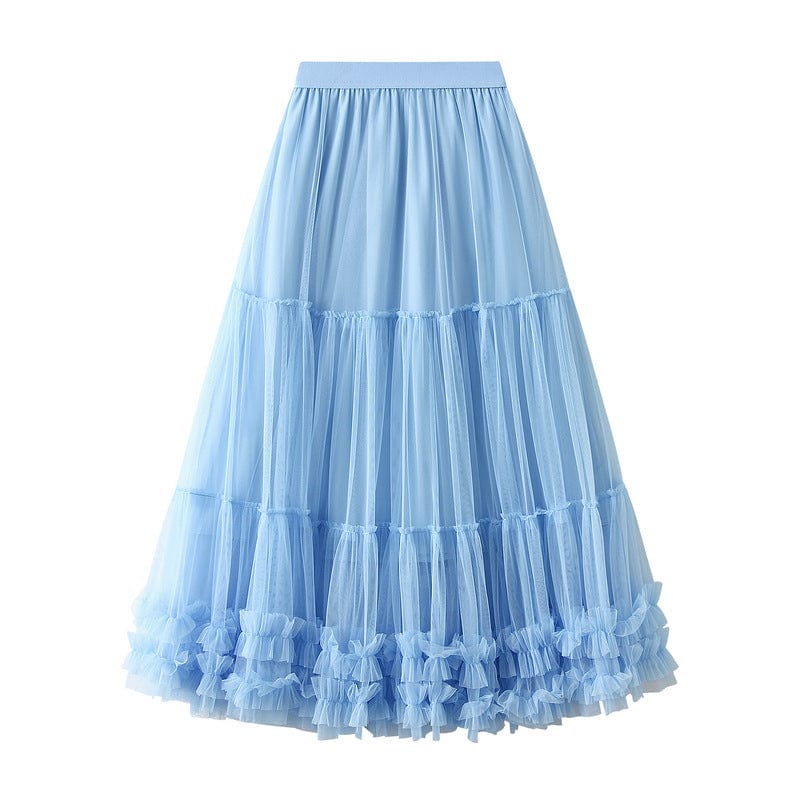 Free / Blue Hot Fashion High Waist Long Maxi Skirts for Women Luxury French Party Mesh Patchwork Tutu Pleated Skirt Woman Korean Faldas Jupe