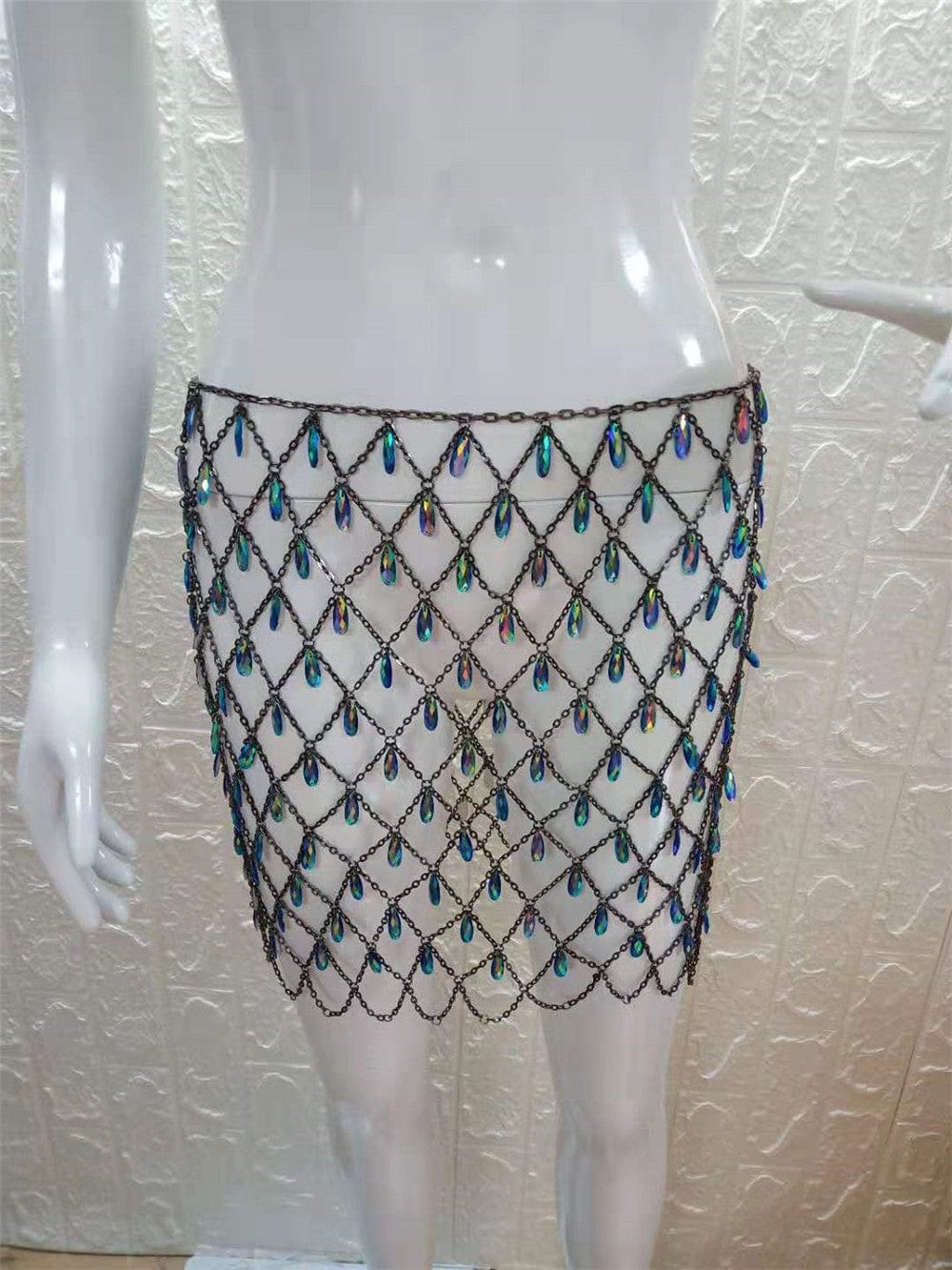Free / Blue Luxury Sparkly Crystal Skirt Women Sexy See Through Mesh Fishnet Hollow Out  Fashion Blingbling Rhinestones Pendant  Lady Skirt