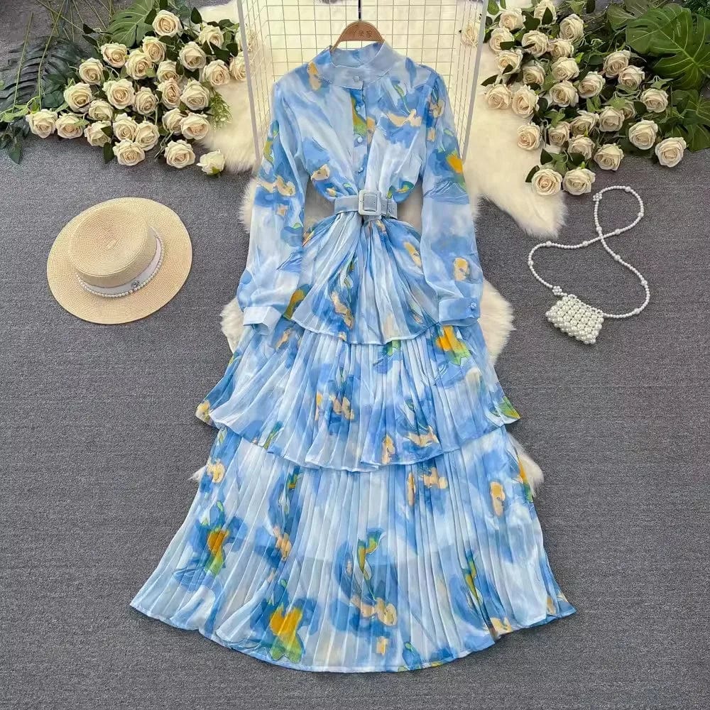 Free / Blue One size  Spring and Autumn Long sleeved Standing Neck Waist Collection A-line Printed Dress Ruffle edge cake chiffon dress