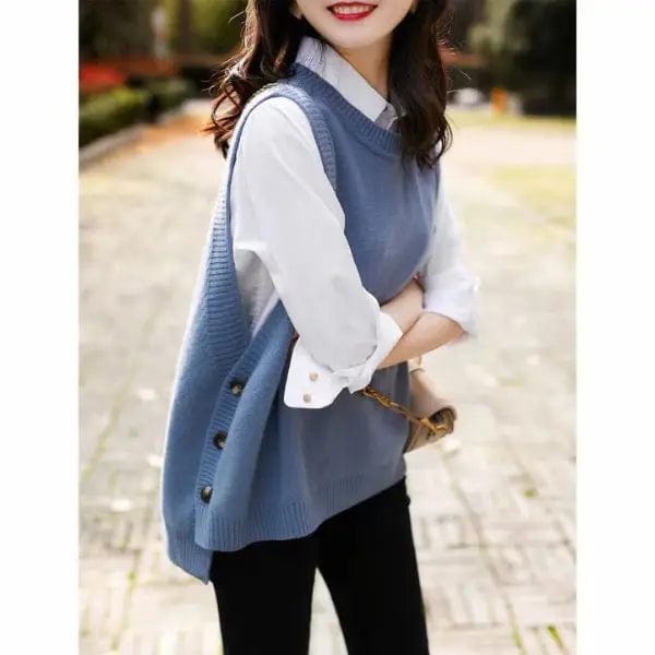 Free / Blue One size vest Spring and Autumn New Loose Sleeveless Top Overlay knitwear Women's Sweater