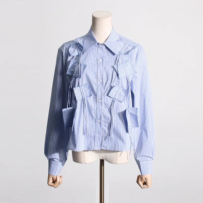 Free / Blue OUDINA New Fashion Drawstring Pleated Tassel Lapel Long-sleeved Ladies Single-breasted Cropped Shirt Women