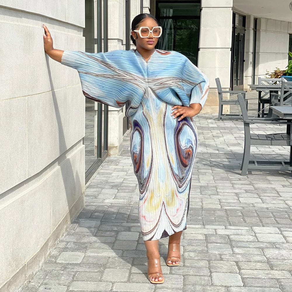 Free / Blue OUDINA Wholesale USA Womens Autumn Miyake Print Plus Size Casual Pleated Dresses For Women