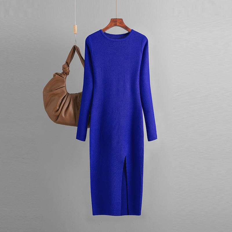 Free / Blue PDEP 2023 autumn and winter slim knit dress  mid-length long sleeve skinny bottom-up knit sweater dress for women