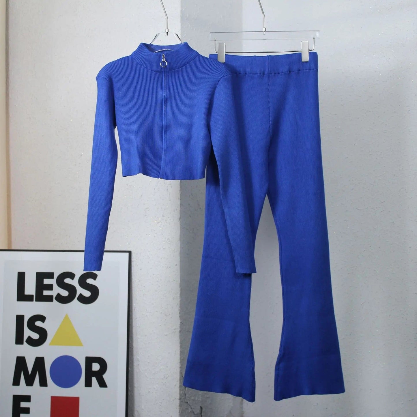 Free / Blue PDEP 2023 autumn short crop sweater and  top high waist wide leg pant set solid color fashion Korean casual two piece set