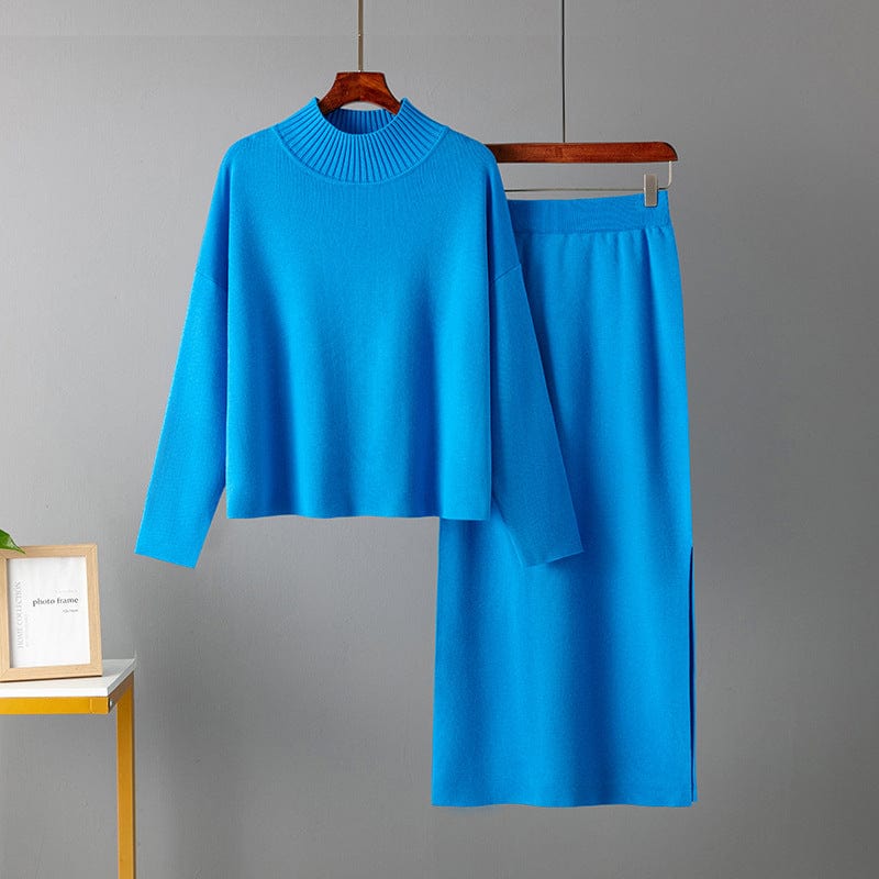 Free / Blue PDEP Women's 2023 Autumn New Casual Loose Fashion Long knitted sweater skirt and top Two Piece Set Wholesale top quality Sweater