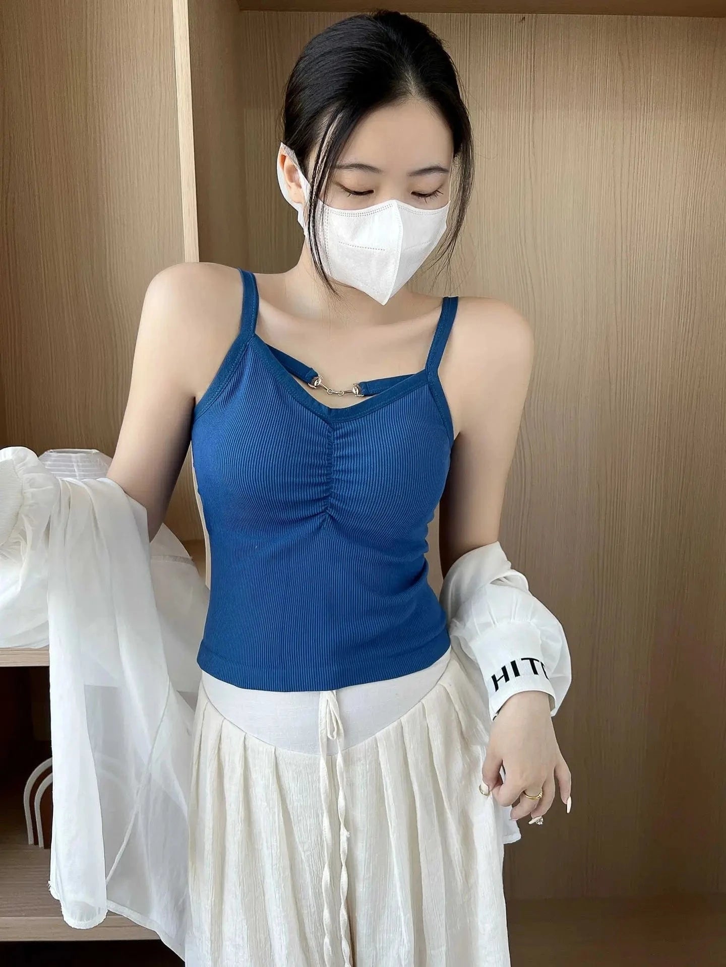 Free / Blue / Polyester 2024 Spring and Summer Hot Style Pure Style Chain Outer Wear Camisole Integrated Chest Pad Base Large U Back Sleeveless Top