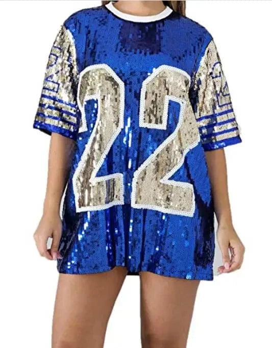Free / Blue Sequin Long O Neck T shirt Party Club Top Loose Clothes Blue gold number 22 Sorority SGR Sequin T Shirt Clothing