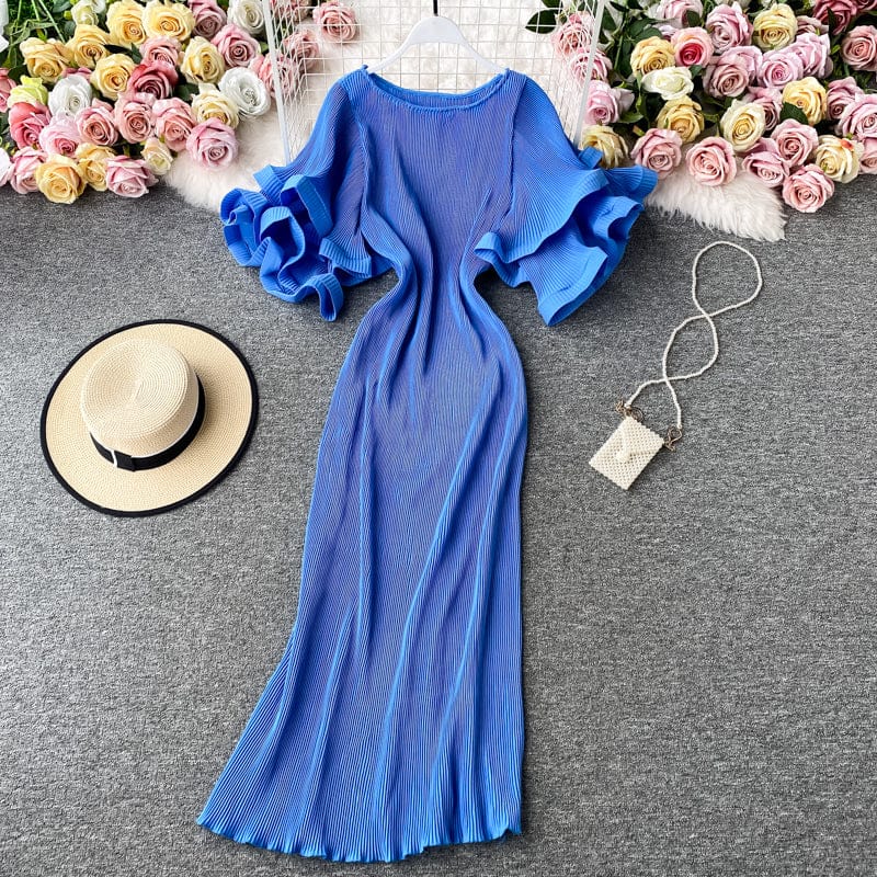 Free / Blue Spring Summer Elegant Free Size Solid Color Crew Neck Short Flare Sleeve Casual Dress Women Long Ruffle Dresses