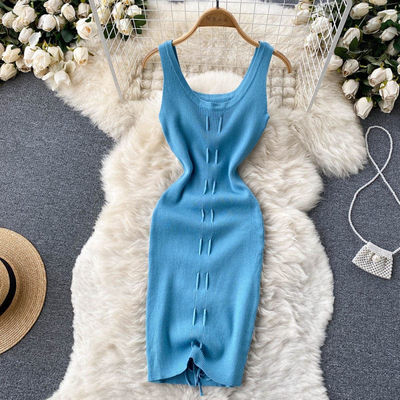 Free / Blue Summer Sexy V Neck Backless Thin Elastic Rib-Knit Drawstring Wrap Vest Dress Women Casual Chic Slim Bodycon Dresses Ladies