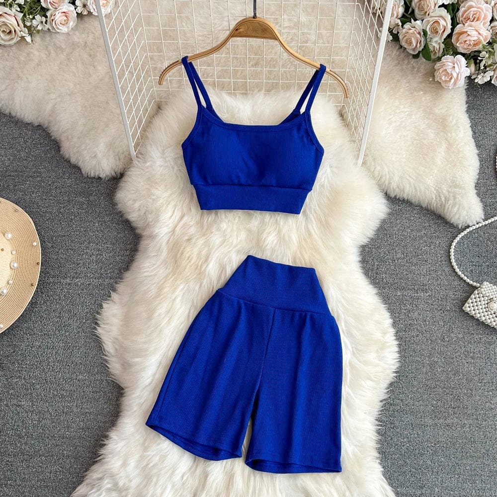 Free / Blue Summer Sports Fashion Suit Women Yoga Halter Undershirt Shorts Two Piece Set
