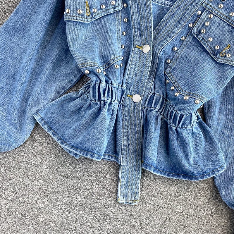 Free / Blue Wholesale Sweet French Ruffled V-neck Shirt Women's Side Button Lace Up Blouse New Irregular Cinched Long Sleeve Blusas Mujer