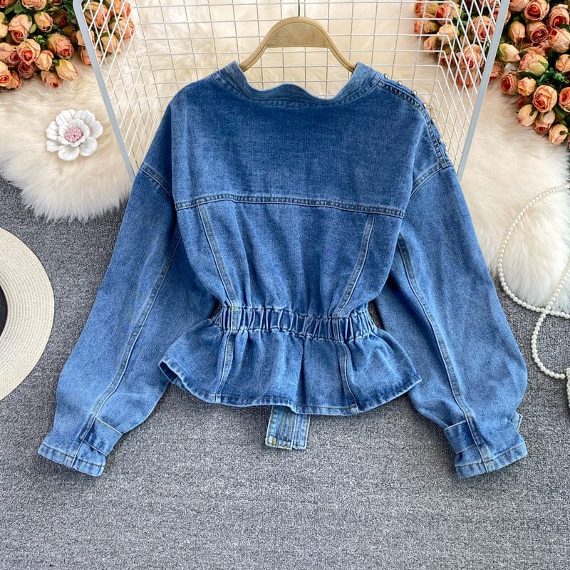 Free / Blue Wholesale Sweet French Ruffled V-neck Shirt Women's Side Button Lace Up Blouse New Irregular Cinched Long Sleeve Blusas Mujer