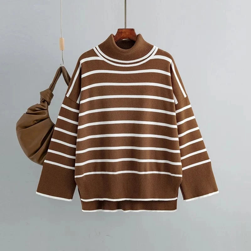 Free / Brown 2024 Hot Sale Women Sweater Autumn Winter High-neck Knit Pullover Loose Long Sleeve Knitwear Striped Casual Sweater