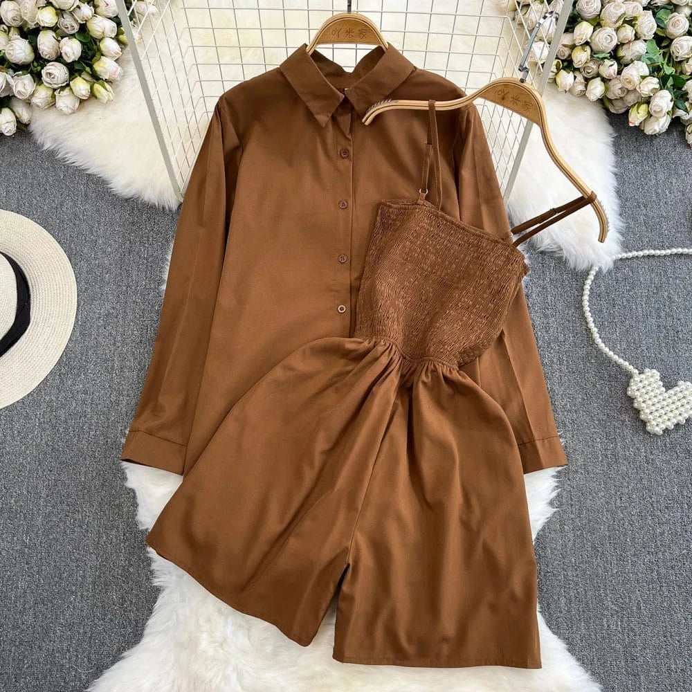 Free / Brown 2Pcs Set Woman Lazy Fashion Suit Women'S Summer Niche Design High-Class Loose Sunscreen Shirt+Wide Leg Suspenders Culottes Set