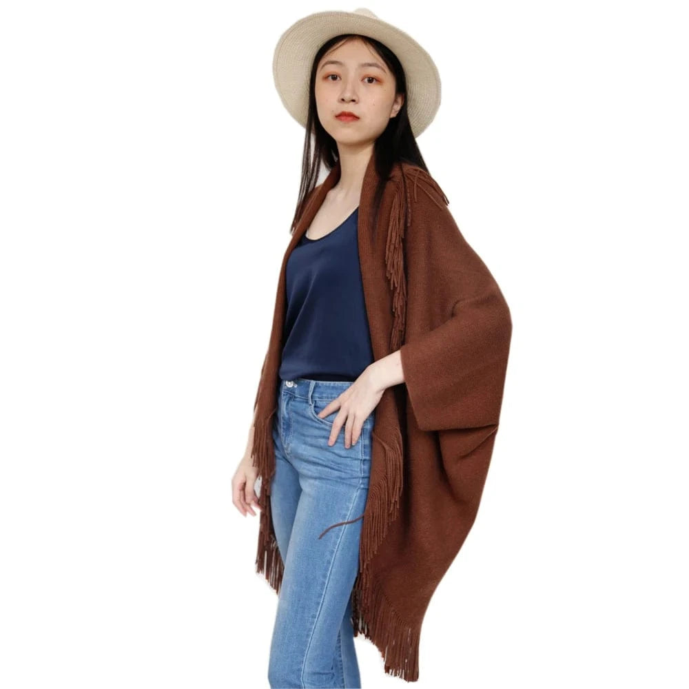 Free / Brown Casual Style Turn-down Collar And Tassels Acrylic Cashmere Knit Female Plus Size Shrugs For Dresses