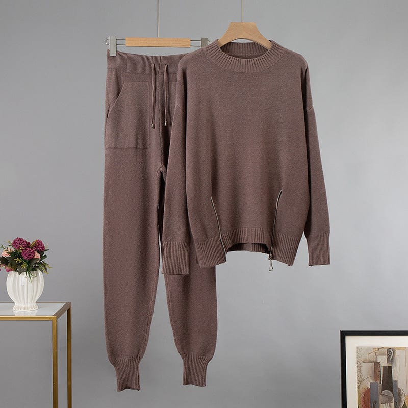 Free / Brown Elegant Cashmere Knitted Sets Women Winter Warm Basil Two Pieces Loose Sweater and Harem Pants Female Tracksuit