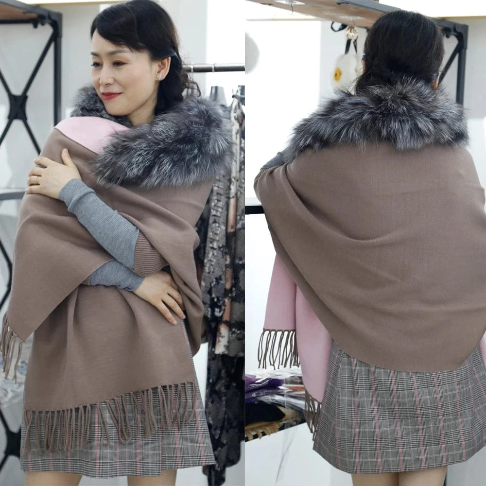 Free / Brown Factory Price Warm Casual Shrug Designs Women Tassel Fox Fur Collar Womens Winter Long Shrug For Women