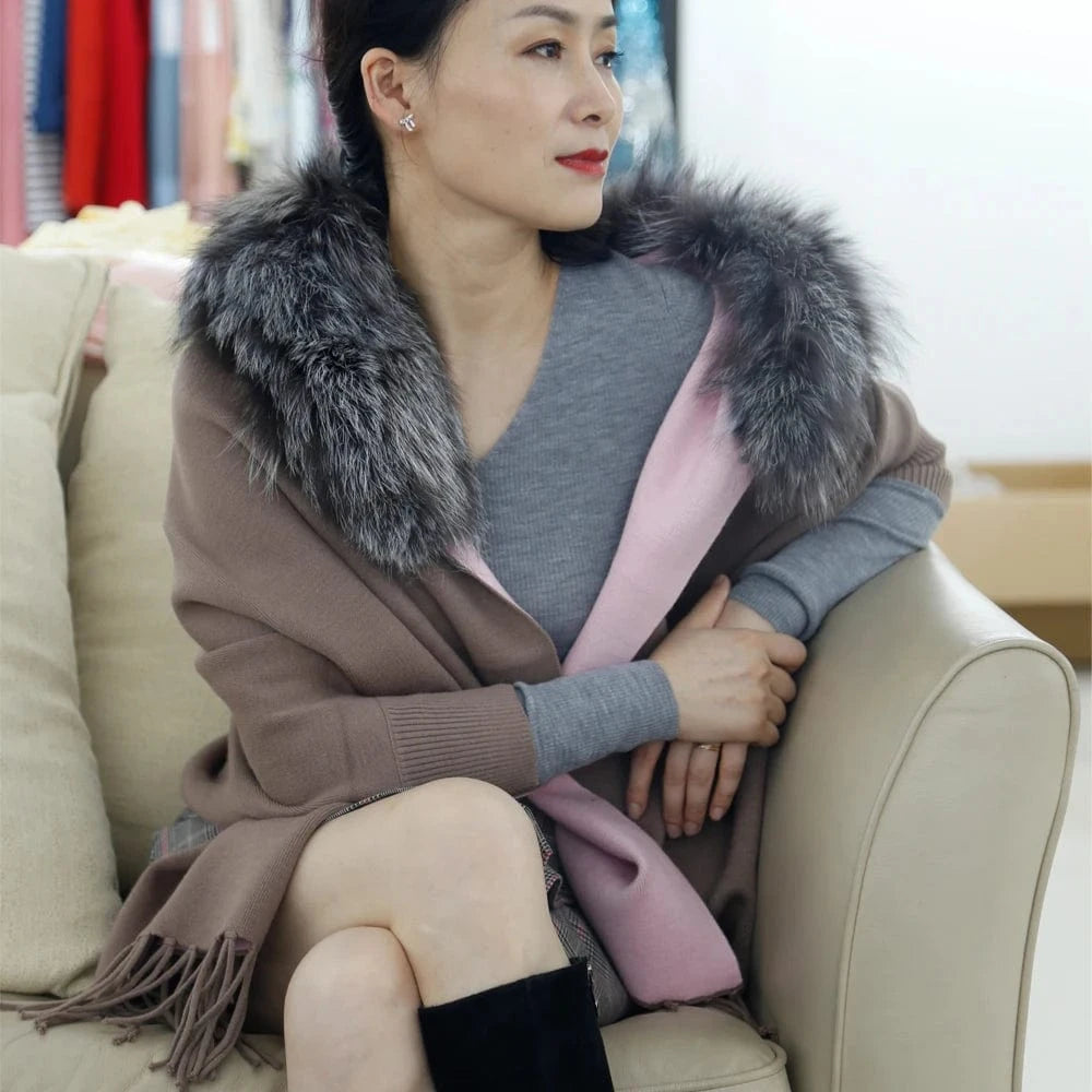 Free / Brown Factory Price Warm Casual Shrug Designs Women Tassel Fox Fur Collar Womens Winter Long Shrug For Women