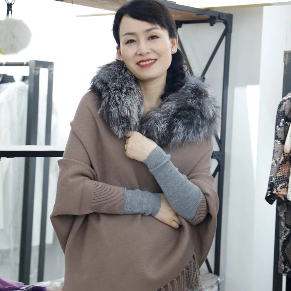 Free / Brown Factory Price Warm Casual Shrug Designs Women Tassel Fox Fur Collar Womens Winter Long Shrug For Women