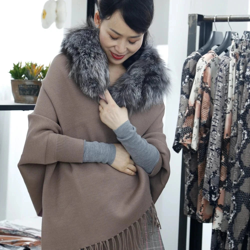 Free / Brown Factory Price Warm Casual Shrug Designs Women Tassel Fox Fur Collar Womens Winter Long Shrug For Women