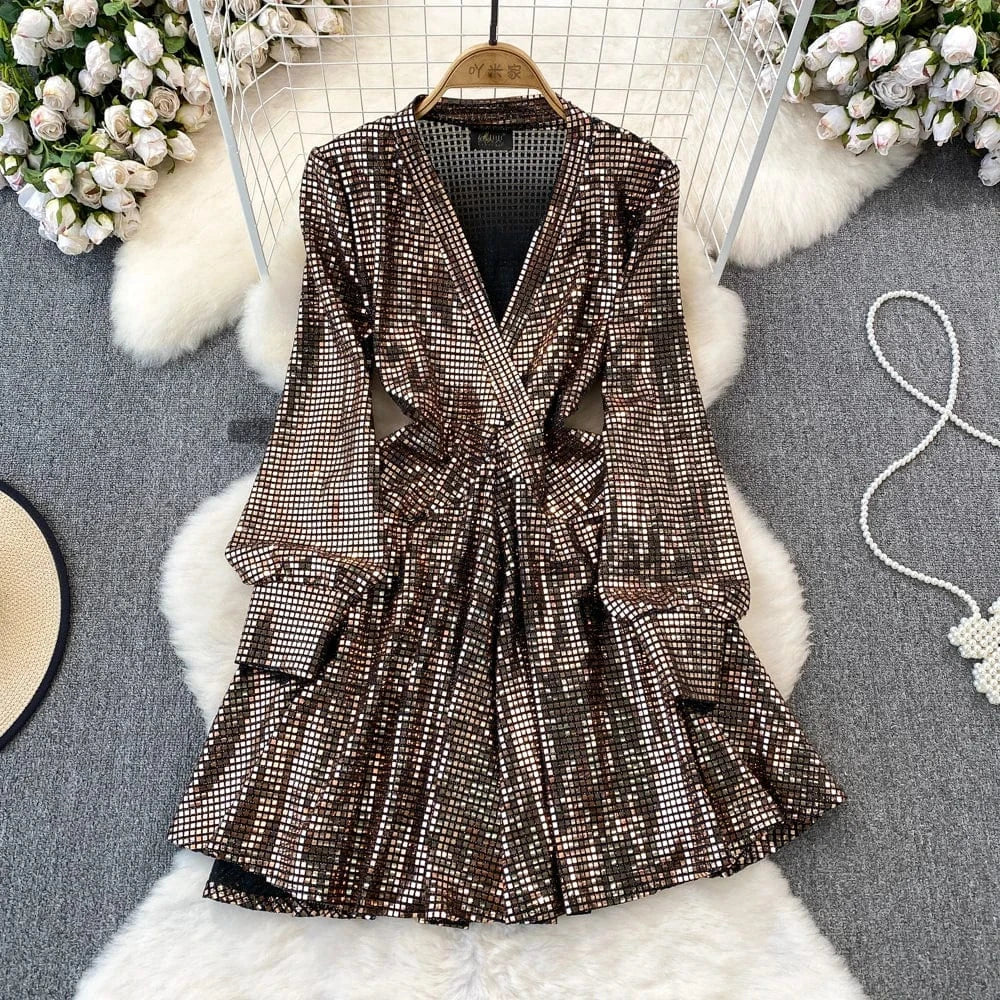 Free / Brown Good Quality Wholesale Women's Party Wear Shirt Dress Bandage Sequin Glitter Shirts For Female