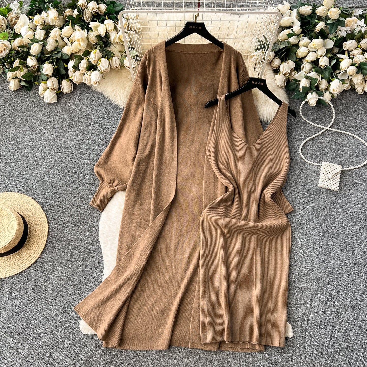 Free / Brown High-Grade Solid Color Knitted Fashion set Women's Autumn V-Neck Halters Dress + Loose Slim Long-Sleeved Top