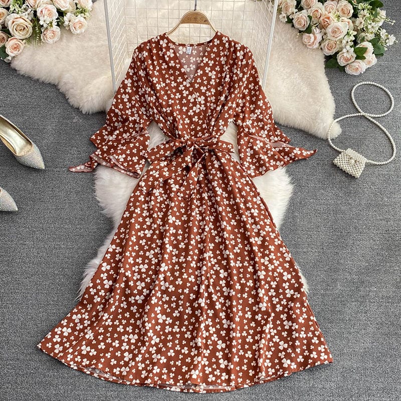 Free / Brown New Stylish Casual V-neck A-line Dress Ladies Sashes Chiffon Spring Autumn Flare Sleeve Midi Dresses for Women Floral Printed