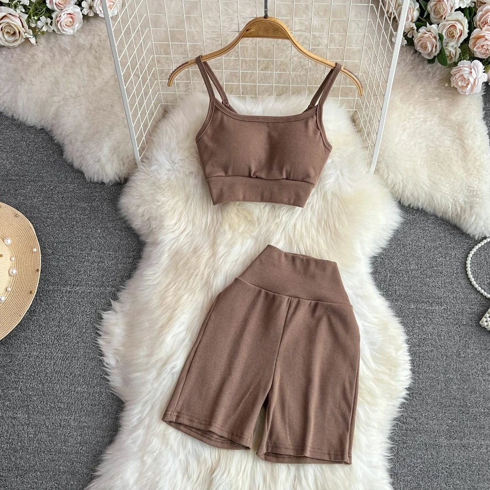 Free / Brown Summer Sports Fashion Suit Women Yoga Halter Undershirt Shorts Two Piece Set