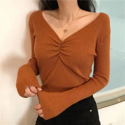 Free / Caramel 2023Autumn Women's Long Sleeve Sexy V-neck pullover Sweater Korean Version Slim-fit Pullover New Sweater