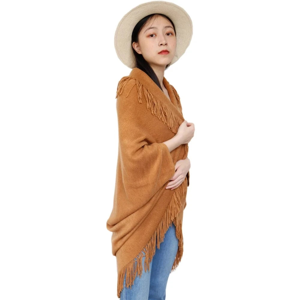 Free / Champagne Casual Style Turn-down Collar And Tassels Acrylic Cashmere Knit Female Plus Size Shrugs For Dresses
