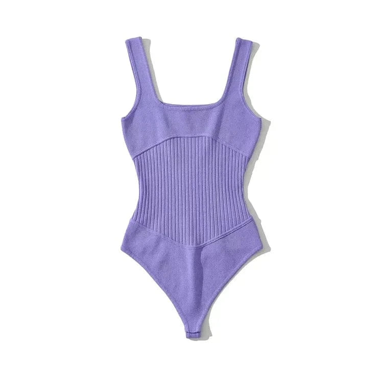 Free / Charm-Purple Corset Design Fashion Cotton Ribbed Waist Brown Fitness Tight Feel Sleeveless Square Neck Underwear Women Bodysuit