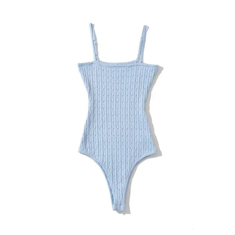 Free / Clear-Blue Supper Sexy Square Neck Thin Spaghetti Strap Sleeveless Women Twist Knit Ribbed Tight Feel Women Bodysuit