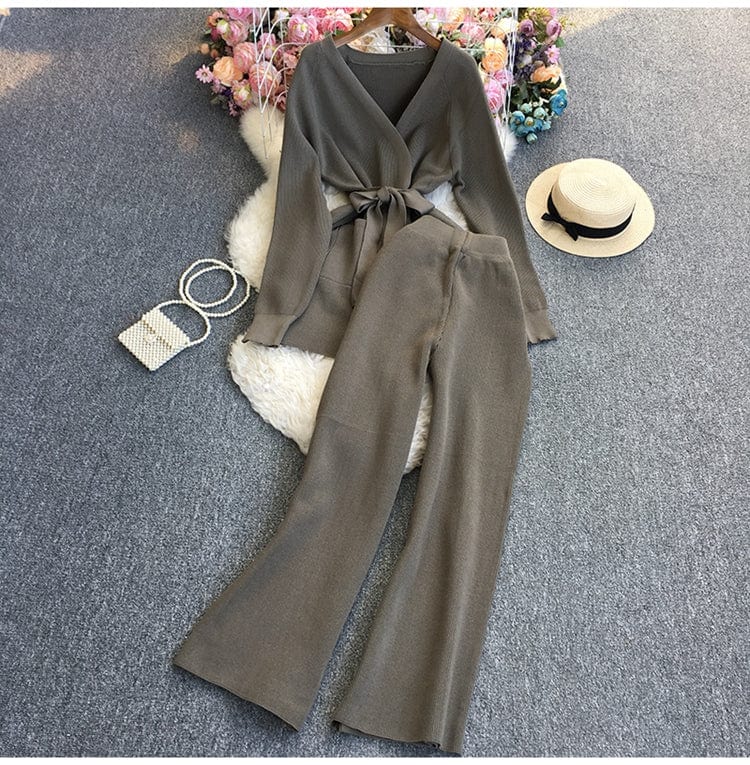 Free / coffee GX7188A Fashion causal knit clothing vendor leisure suits women long sleeve shirt and wide leg pant matching suits 2 piece sets