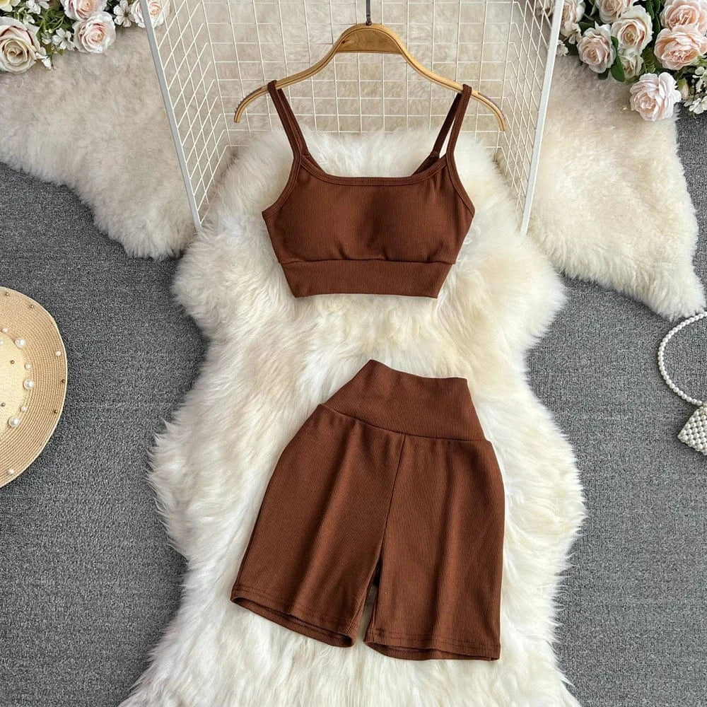 Free / coffee Summer Sports Fashion Suit Women Yoga Halter Undershirt Shorts Two Piece Set