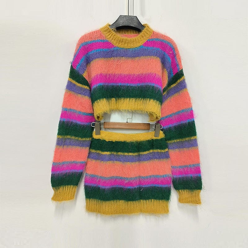 Free / colorful Fall winter boutique clothing colorful striped sweater crop top skirt set cozy knitted 2 two piece skirt set women's sets