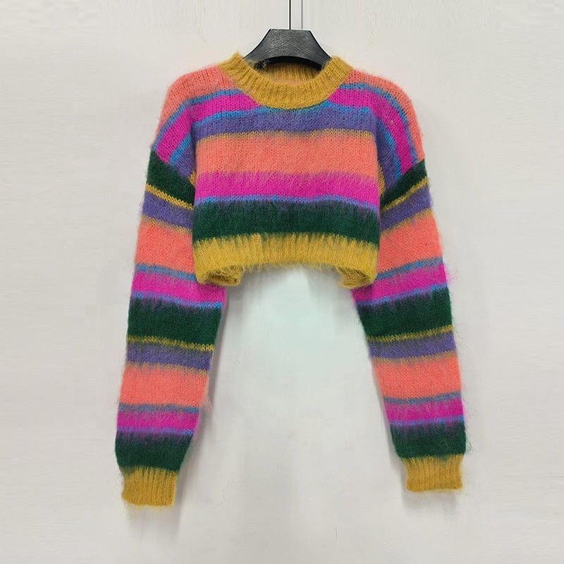 Free / colorful Fall winter boutique clothing colorful striped sweater crop top skirt set cozy knitted 2 two piece skirt set women's sets