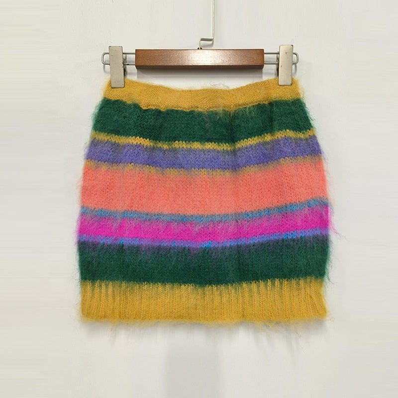 Free / colorful Fall winter boutique clothing colorful striped sweater crop top skirt set cozy knitted 2 two piece skirt set women's sets