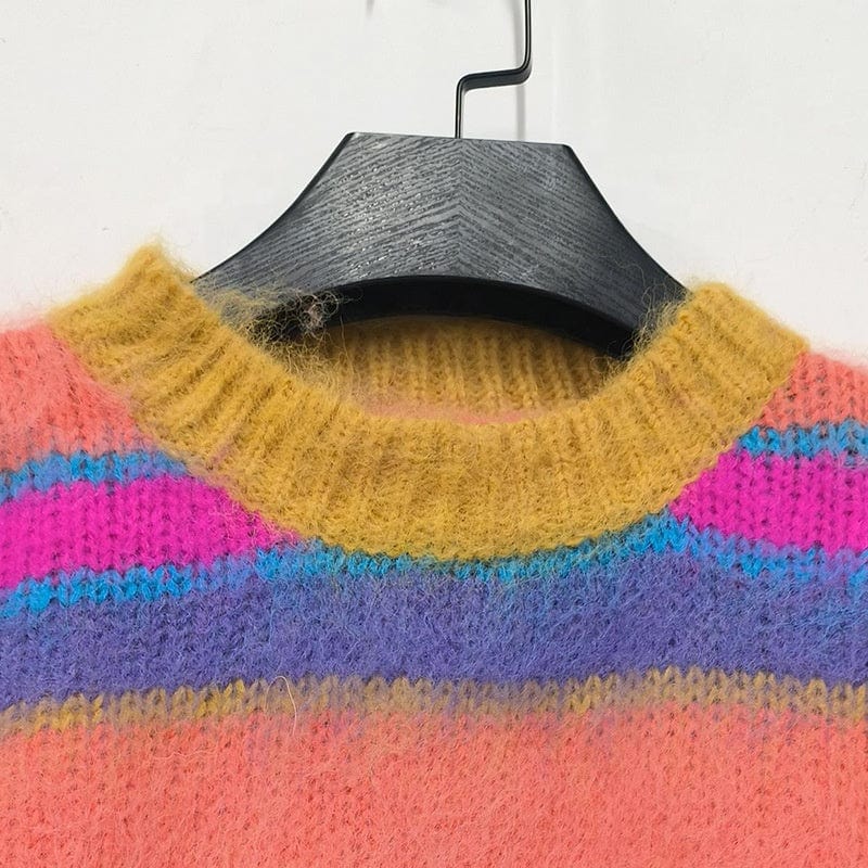 Free / colorful Fall winter boutique clothing colorful striped sweater crop top skirt set cozy knitted 2 two piece skirt set women's sets