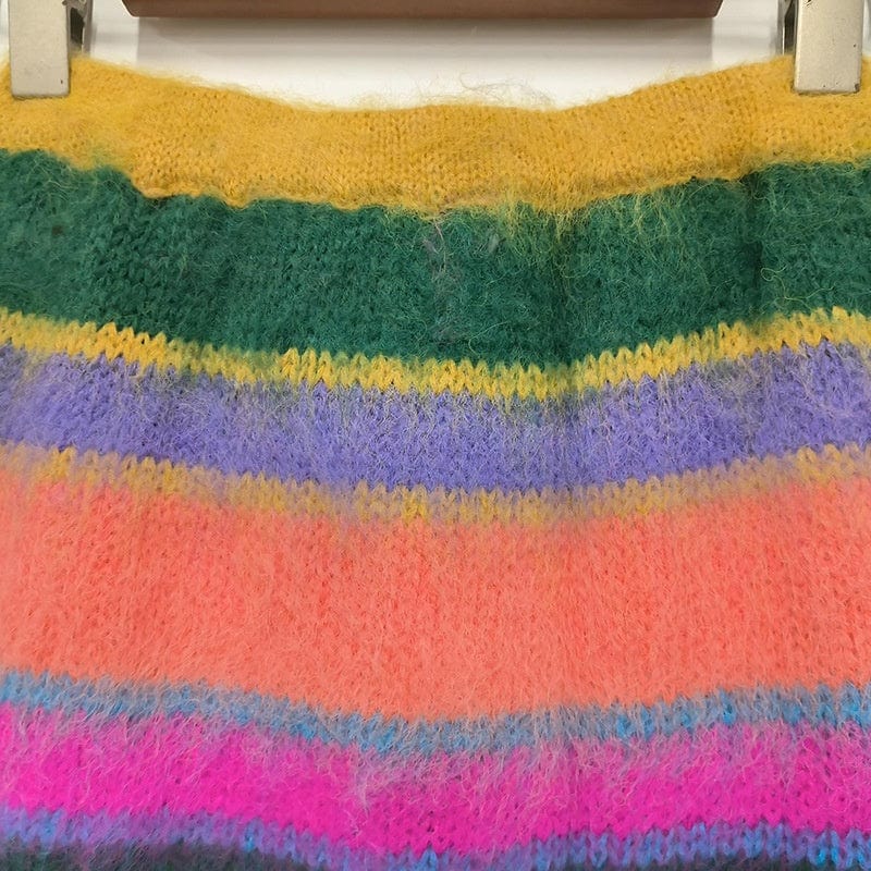 Free / colorful Fall winter boutique clothing colorful striped sweater crop top skirt set cozy knitted 2 two piece skirt set women's sets