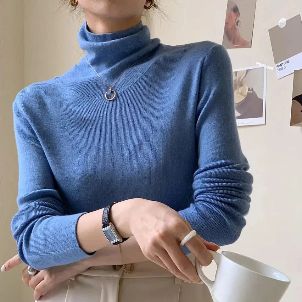 Free / colors in stock Turtleneck Wool Blended Casual Slim Plain Pullover Knitted Tops Women Sweater Pullovers Lady Sweater