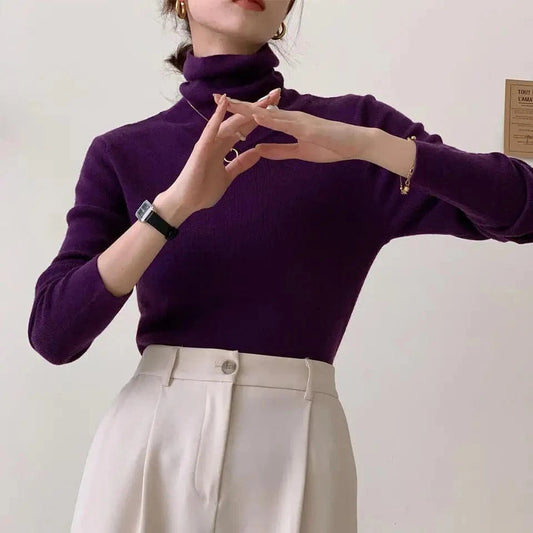 Free / colors in stock Turtleneck Wool Blended Casual Slim Plain Pullover Knitted Tops Women Sweater Pullovers Lady Sweater