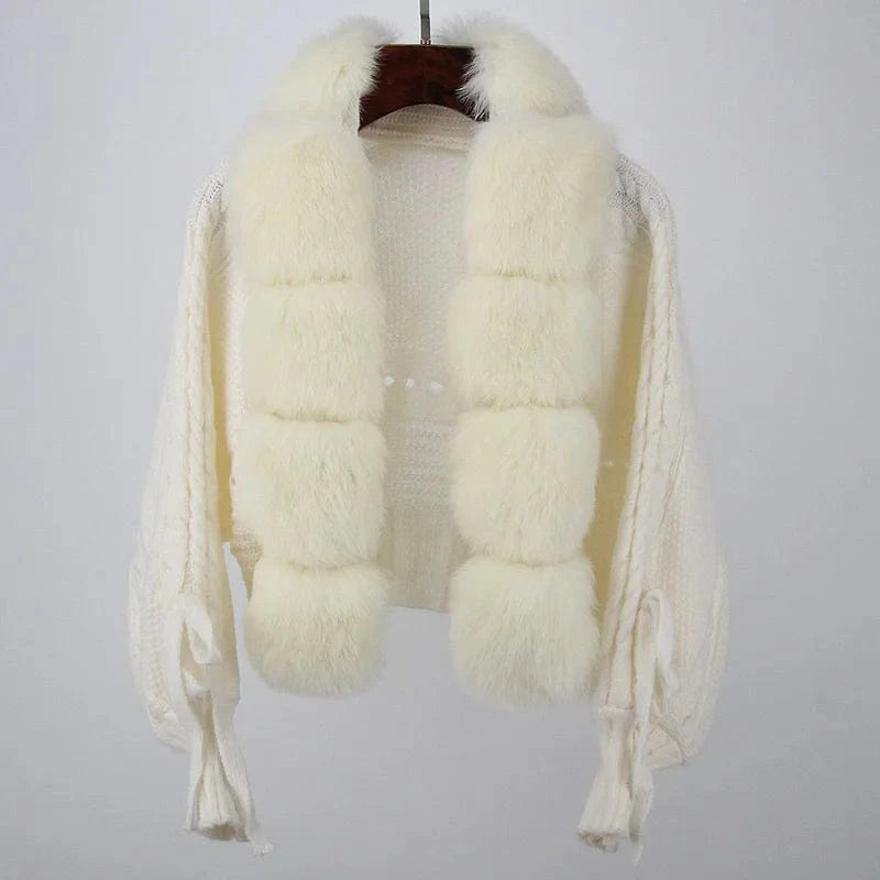Free / Cream Fashion Short Sweater Coat Luxury Real Fox Fur Trimming Cardigan for Women