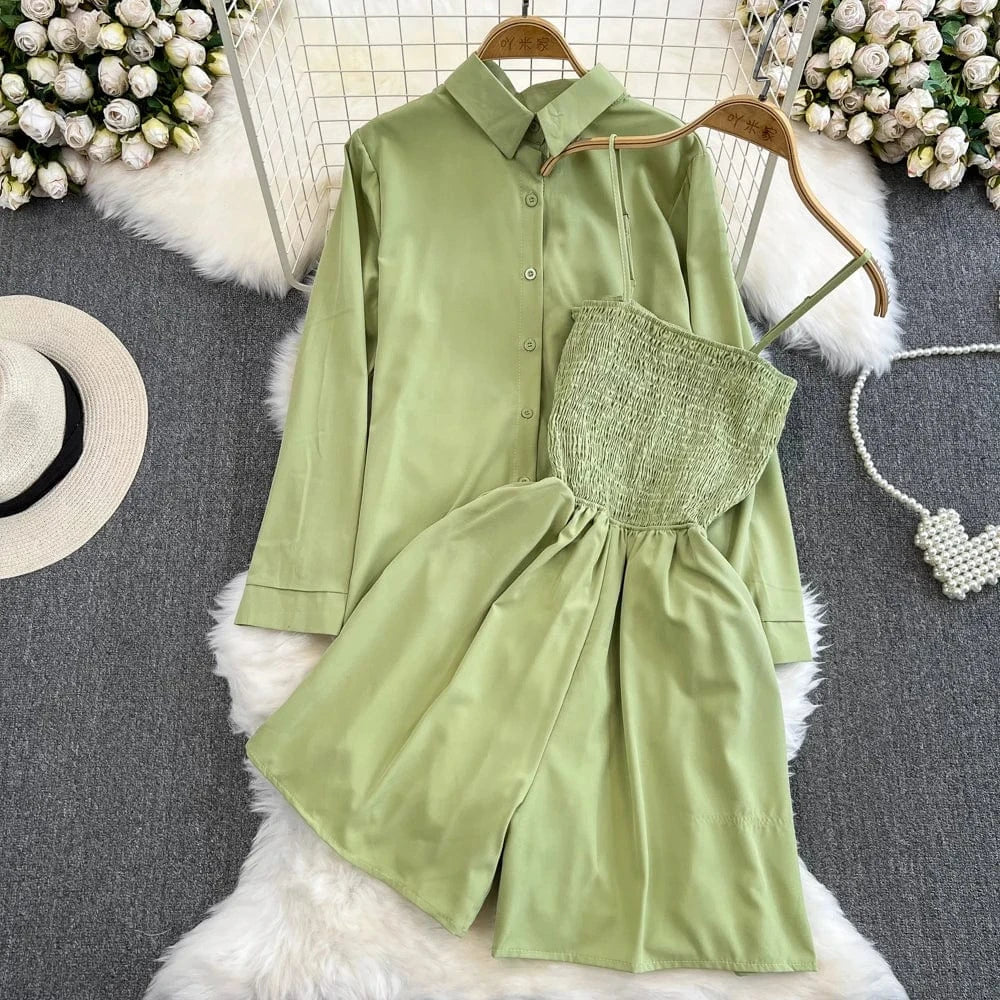 Free / cyan 2Pcs Set Woman Lazy Fashion Suit Women'S Summer Niche Design High-Class Loose Sunscreen Shirt+Wide Leg Suspenders Culottes Set