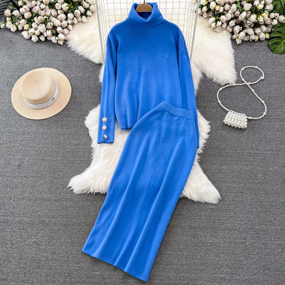 Free / Dark blue Autumn Winter Korean Version Long Sleeve High Waist Loose Sweater Top High Fanny Pack Hip Skirt Fashion set Women
